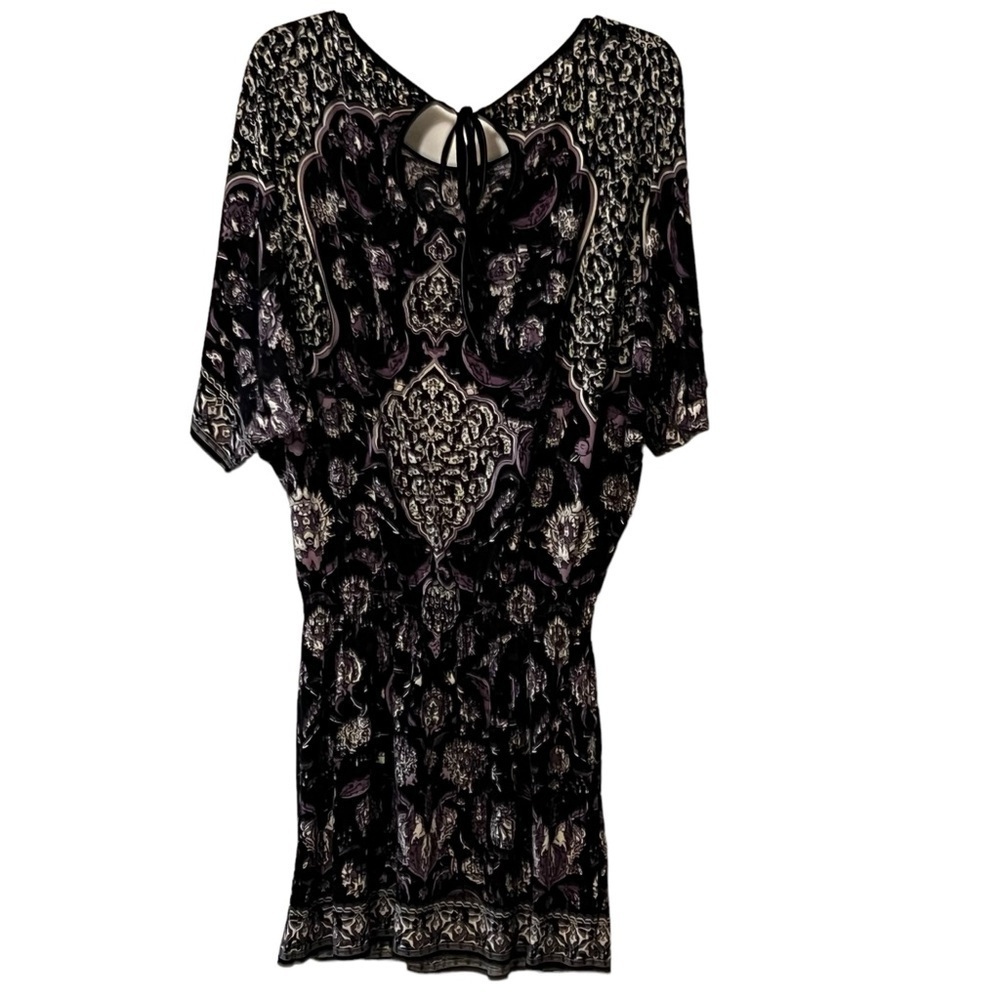 Studio M Elaborate Purple Floral Tie-back Loose Sleeve Dress Size M Smocked - Picture 2 of 16